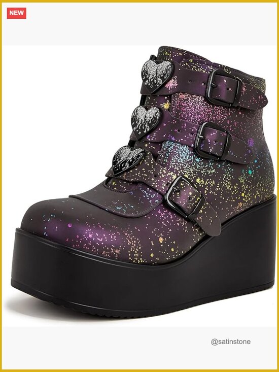 Shoes - Platform Chunky Ankle Boots Round Toe Wedge Heels Lace Up Buckle Zipper Thick